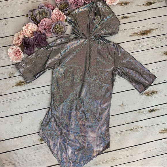 Silver Iridescent Hooded Deep V Holographic Laser Bodysuit Swimsuit - Picture 12 of 14